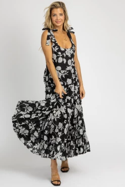OLIVACEOUS NEW ARRIVALS BLACK FLORAL TIE STRAP MAXI