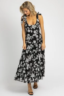 OLIVACEOUS NEW ARRIVALS BLACK FLORAL TIE STRAP MAXI