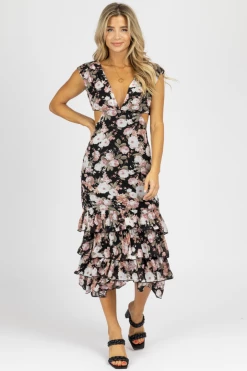 LENA CLOTHING BLACK FLORAL DEEP-V RUFFLED MIDI DRESS