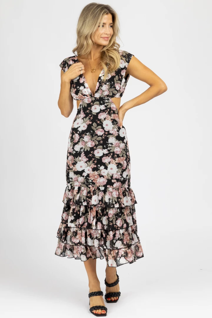 LENA CLOTHING BLACK FLORAL DEEP-V RUFFLED MIDI DRESS 2 LENA CLOTHING BLACK FLORAL DEEP-V RUFFLED MIDI DRESS
