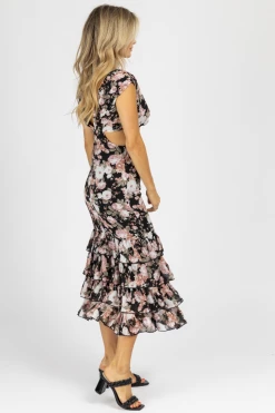 LENA CLOTHING BLACK FLORAL DEEP-V RUFFLED MIDI DRESS 8 LENA CLOTHING BLACK FLORAL DEEP-V RUFFLED MIDI DRESS