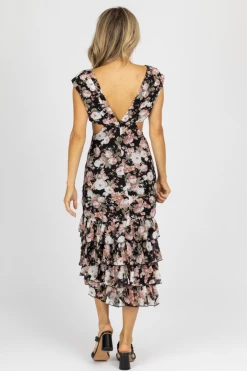 LENA CLOTHING BLACK FLORAL DEEP-V RUFFLED MIDI DRESS 9 LENA CLOTHING BLACK FLORAL DEEP-V RUFFLED MIDI DRESS
