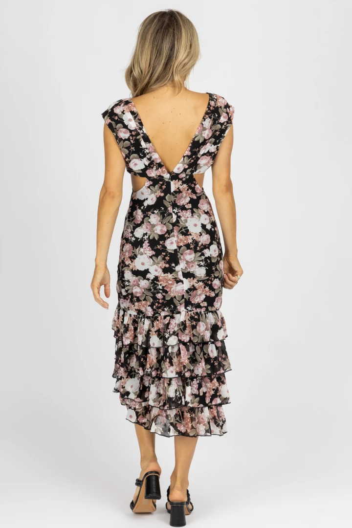 LENA CLOTHING BLACK FLORAL DEEP-V RUFFLED MIDI DRESS 5 LENA CLOTHING BLACK FLORAL DEEP-V RUFFLED MIDI DRESS