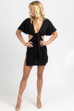 TREND NOTES BLACK CUTOUT FLUTTER SLEEVE MINI DRESS