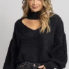 ENDLESS BLU NEW ARRIVALS BLACK FUZZY OPEN NECK TURTLENECK SWEATER