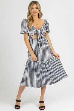 TREND NOTES BLACK CHECKERED TIE FRONT TIERED DRESS CLOTHING