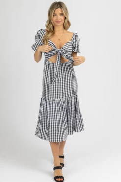 TREND NOTES BLACK CHECKERED TIE FRONT TIERED DRESS CLOTHING
