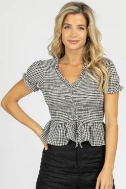 STYLE U BLACK GINGHAM SMOCKED PEPLUM TOP