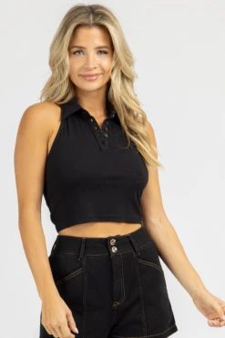 BAILEY ROSE BLACK COLLARED HALTER TANK CLOTHING