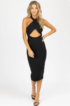 ENDLESS BLU BLACK RIBBED CROSSOVER MIDI DRESS NEW ARRIVALS