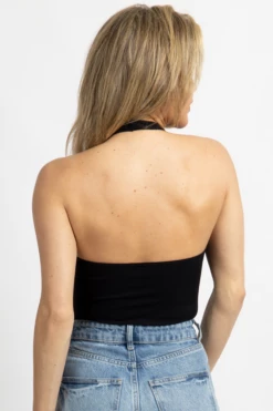 DYNAMIC FASHION NEW ARRIVALS BLACK RIBBED HALTER OPEN-BACK BODYSUIT