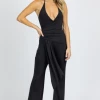 BLUE BLUSH BLACK HALTER RUCHE FRONT JUMPSUIT
