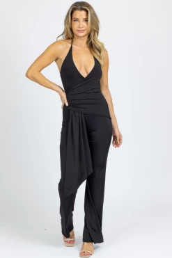BLUE BLUSH BLACK HALTER RUCHE FRONT JUMPSUIT 7 BLUE BLUSH BLACK HALTER RUCHE FRONT JUMPSUIT