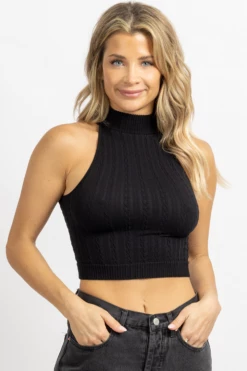 DYNAMIC FASHION NEW ARRIVALS BLACK JACQUARD HIGHNECK SLEEVELESS TANK