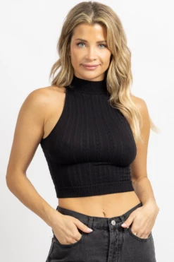 DYNAMIC FASHION NEW ARRIVALS BLACK JACQUARD HIGHNECK SLEEVELESS TANK