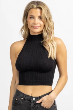 DYNAMIC FASHION NEW ARRIVALS BLACK JACQUARD HIGHNECK SLEEVELESS TANK