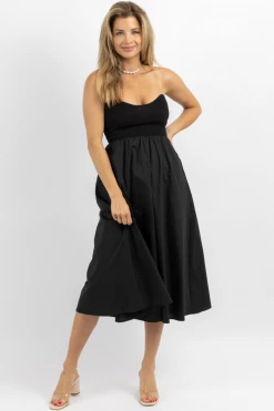 CRESCENT BLACK KNIT + LINEN STRAPLESS MIDI DRESS NEW ARRIVALS