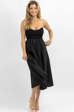 CRESCENT BLACK KNIT + LINEN STRAPLESS MIDI DRESS NEW ARRIVALS