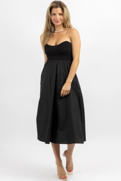 CRESCENT BLACK KNIT + LINEN STRAPLESS MIDI DRESS NEW ARRIVALS