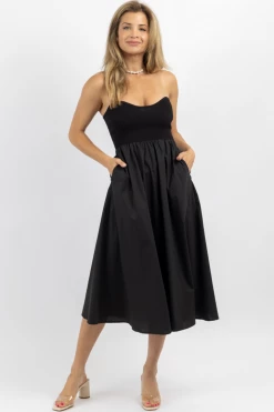 CRESCENT BLACK KNIT + LINEN STRAPLESS MIDI DRESS NEW ARRIVALS