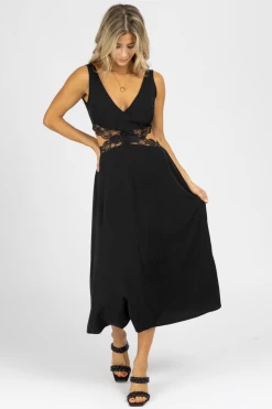 EDIT BY NINE BLACK LACE TRIM CUTOUT MIDI DRESS