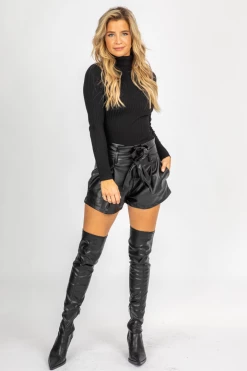 OLIVACEOUS BLACK VEGAN LEATHER BELTED SHORTS BOTTOMS