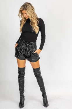 OLIVACEOUS BLACK VEGAN LEATHER BELTED SHORTS BOTTOMS