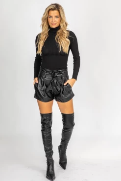OLIVACEOUS BLACK VEGAN LEATHER BELTED SHORTS BOTTOMS