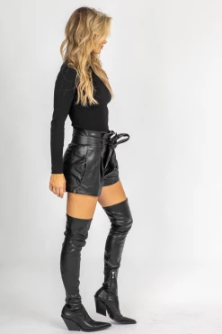 OLIVACEOUS BLACK VEGAN LEATHER BELTED SHORTS BOTTOMS