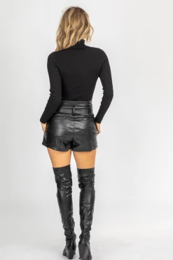 OLIVACEOUS BLACK VEGAN LEATHER BELTED SHORTS BOTTOMS