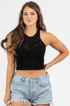 DYNAMIC FASHION BLACK MESH PATTERN CROP TANK CLOTHING