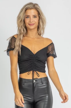 EMORY PARK MIDNIGHT MESH RUCHED CROP CLOTHING