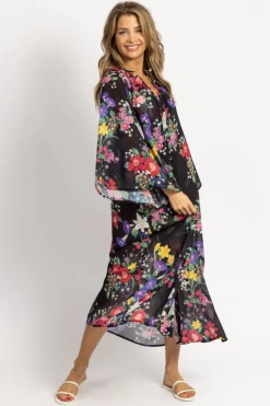 OLIVACEOUS NEW ARRIVALS BLACK MULTIFLORAL TIE NECK COVERUP MAXI