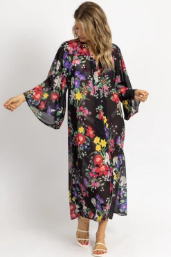 OLIVACEOUS NEW ARRIVALS BLACK MULTIFLORAL TIE NECK COVERUP MAXI