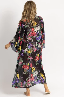 OLIVACEOUS NEW ARRIVALS BLACK MULTIFLORAL TIE NECK COVERUP MAXI