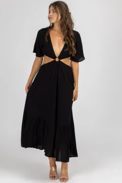 MADE WITH LOVE CLOTHING BLACK O-RING FLUTTER SLEEVE MAXI DRESS