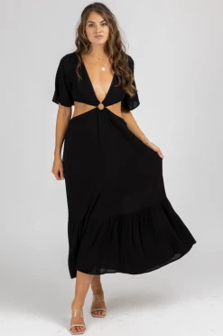 MADE WITH LOVE CLOTHING BLACK O-RING FLUTTER SLEEVE MAXI DRESS