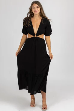 MADE WITH LOVE CLOTHING BLACK O-RING FLUTTER SLEEVE MAXI DRESS