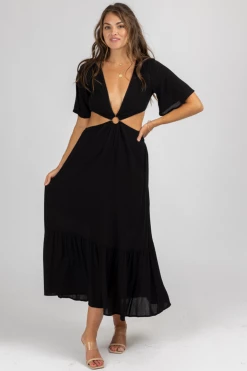 MADE WITH LOVE CLOTHING BLACK O-RING FLUTTER SLEEVE MAXI DRESS
