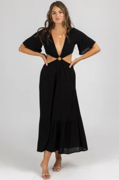 MADE WITH LOVE CLOTHING BLACK O-RING FLUTTER SLEEVE MAXI DRESS