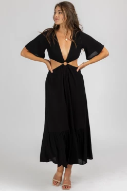 MADE WITH LOVE CLOTHING BLACK O-RING FLUTTER SLEEVE MAXI DRESS