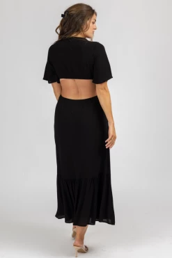 MADE WITH LOVE CLOTHING BLACK O-RING FLUTTER SLEEVE MAXI DRESS