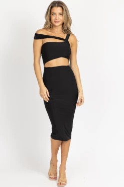 LOVELY DAY BLACK CROSS-STRAP CUTOUT MIDI DRESS