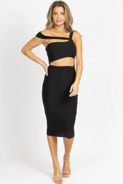 LOVELY DAY BLACK CROSS-STRAP CUTOUT MIDI DRESS