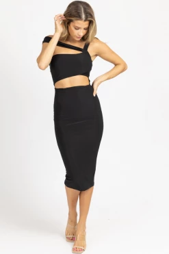 LOVELY DAY BLACK CROSS-STRAP CUTOUT MIDI DRESS