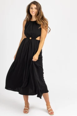 STYLE U BLACK O-RING OPEN SIDE MIDI DRESS CLOTHING