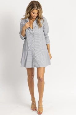 FORE COLLECTION BLACK PINSTRIPE LINED RUFFLE SHIRT DRESS NEW ARRIVALS