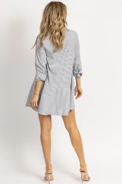 FORE COLLECTION BLACK PINSTRIPE LINED RUFFLE SHIRT DRESS NEW ARRIVALS