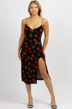 LOVELY DAY BLACK + RED FLORAL SLIT MIDI DRESS