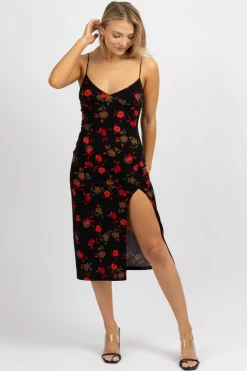 LOVELY DAY BLACK + RED FLORAL SLIT MIDI DRESS